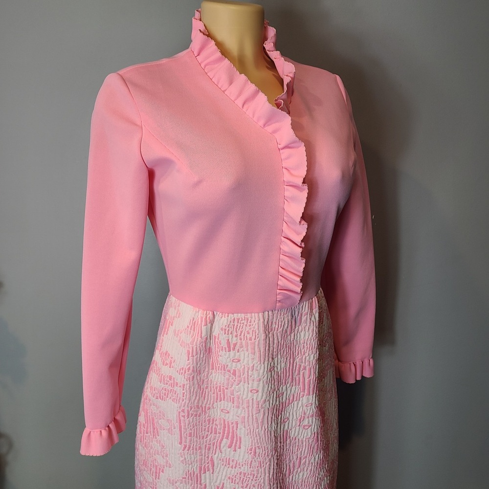 VTG Bleeker Street Dress Sz Small 60s 70s Pink Floral Ruffle Coquette Regency - Picture 5 of 12